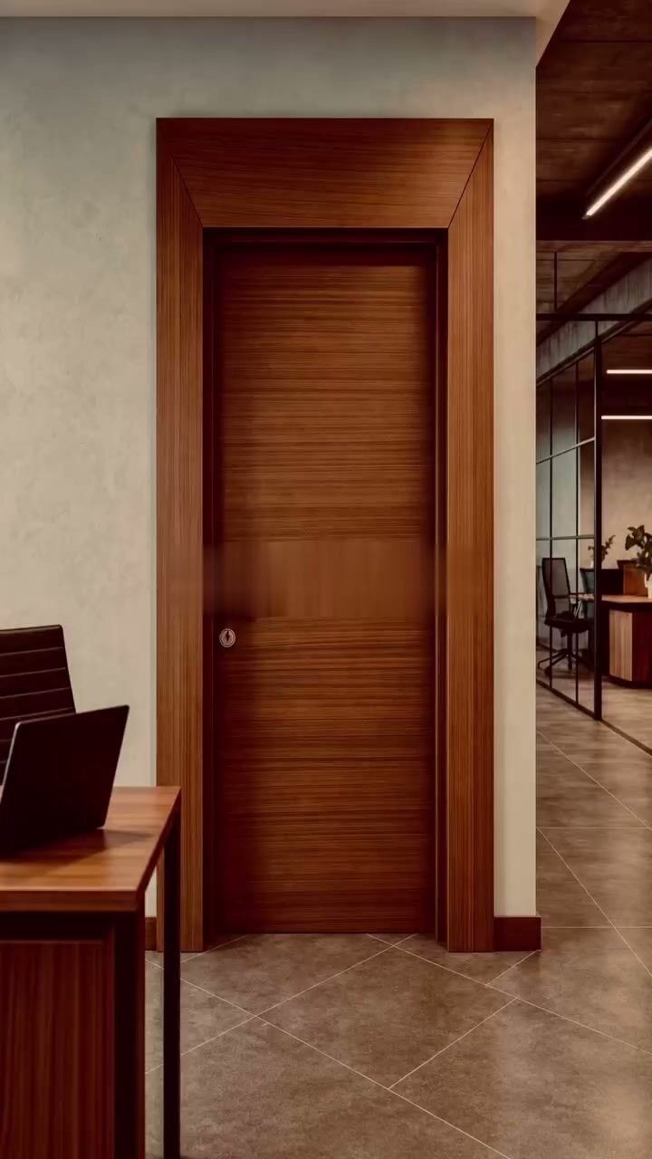 Ahşap kaplama ofis kapısı ve çalışma alanı